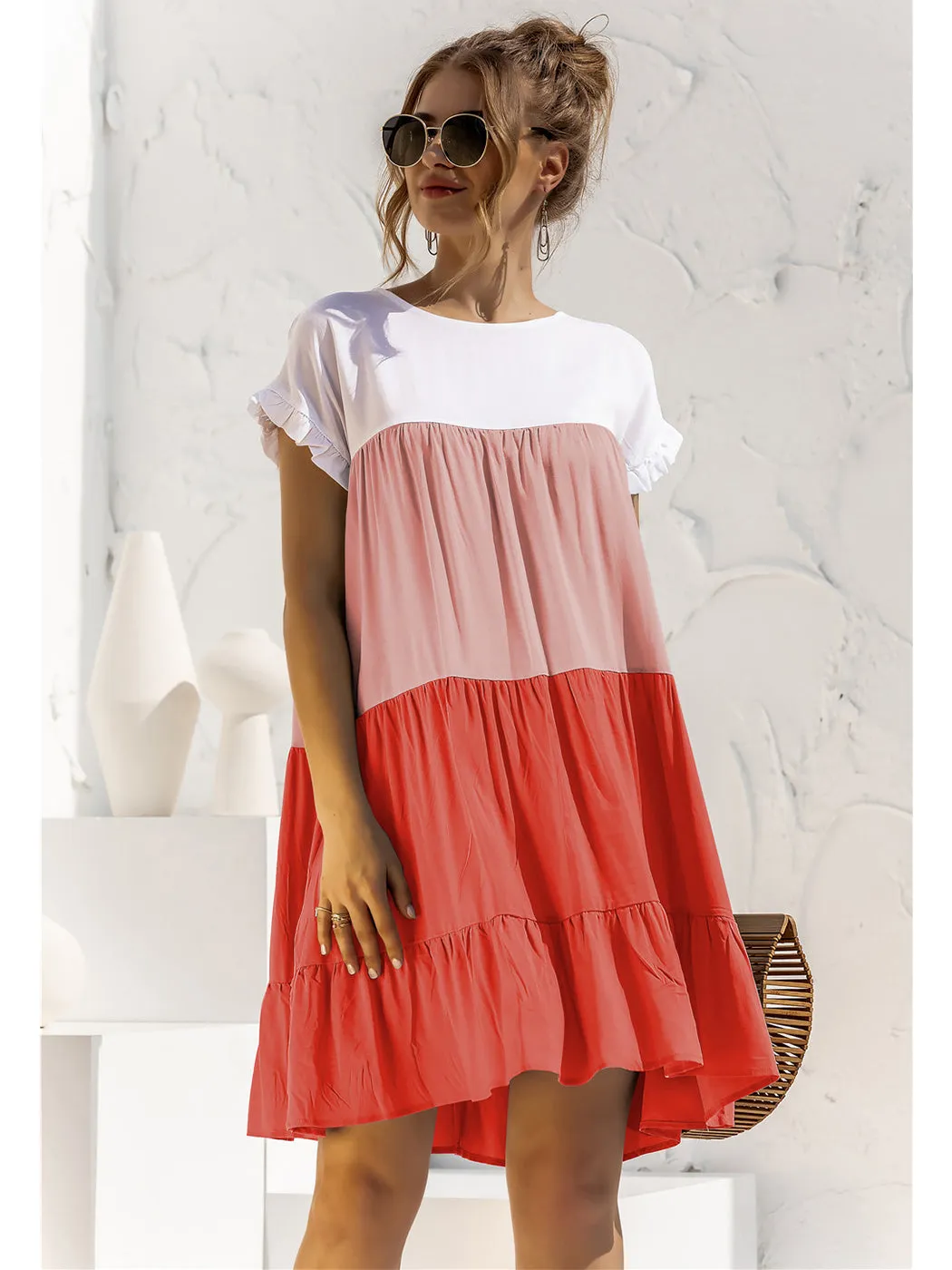 Anna-Kaci Women Mosaic Gradient Color Round Neck Ruffle Short Sleeve Mini Dresses