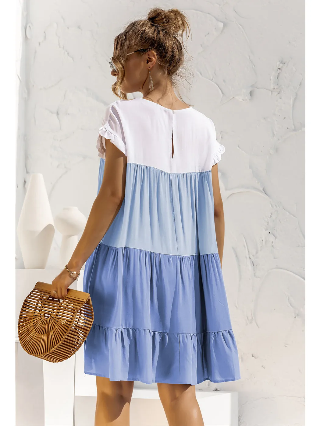 Anna-Kaci Women Mosaic Gradient Color Round Neck Ruffle Short Sleeve Mini Dresses