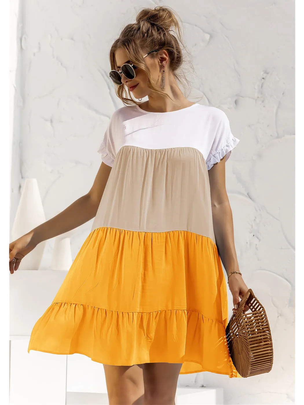 Anna-Kaci Women Mosaic Gradient Color Round Neck Ruffle Short Sleeve Mini Dresses