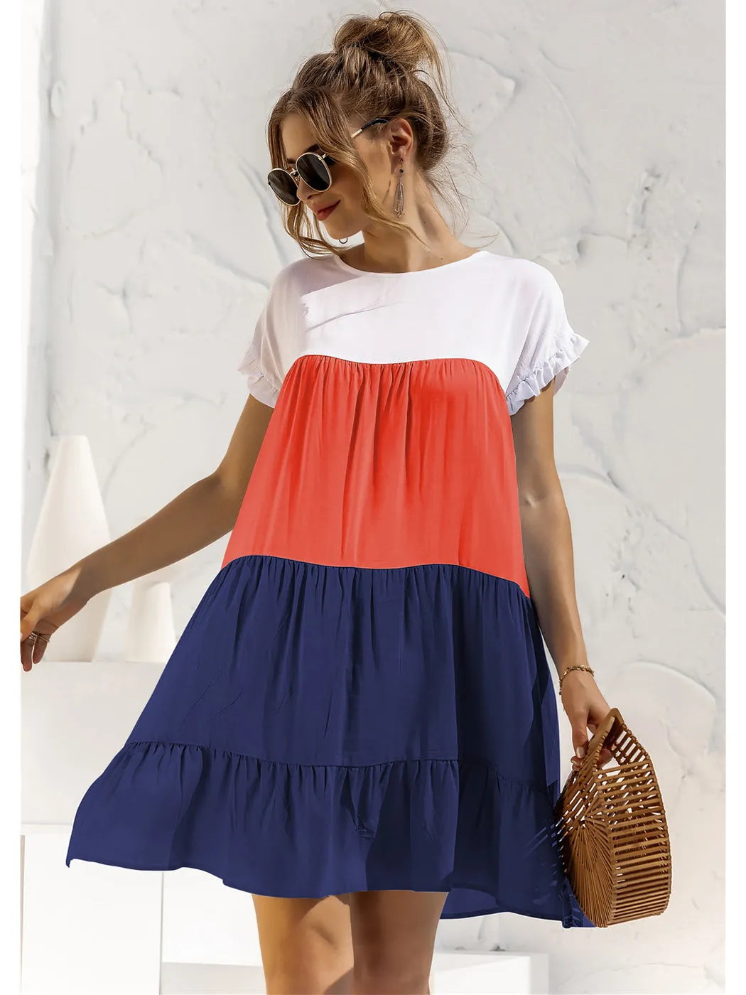 Anna-Kaci Women Mosaic Gradient Color Round Neck Ruffle Short Sleeve Mini Dresses