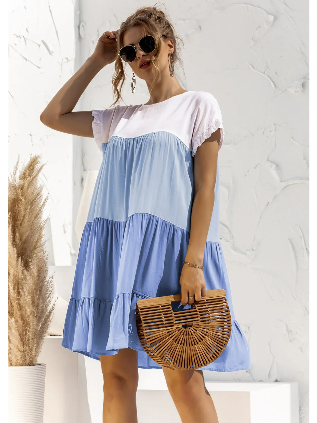 Anna-Kaci Women Mosaic Gradient Color Round Neck Ruffle Short Sleeve Mini Dresses