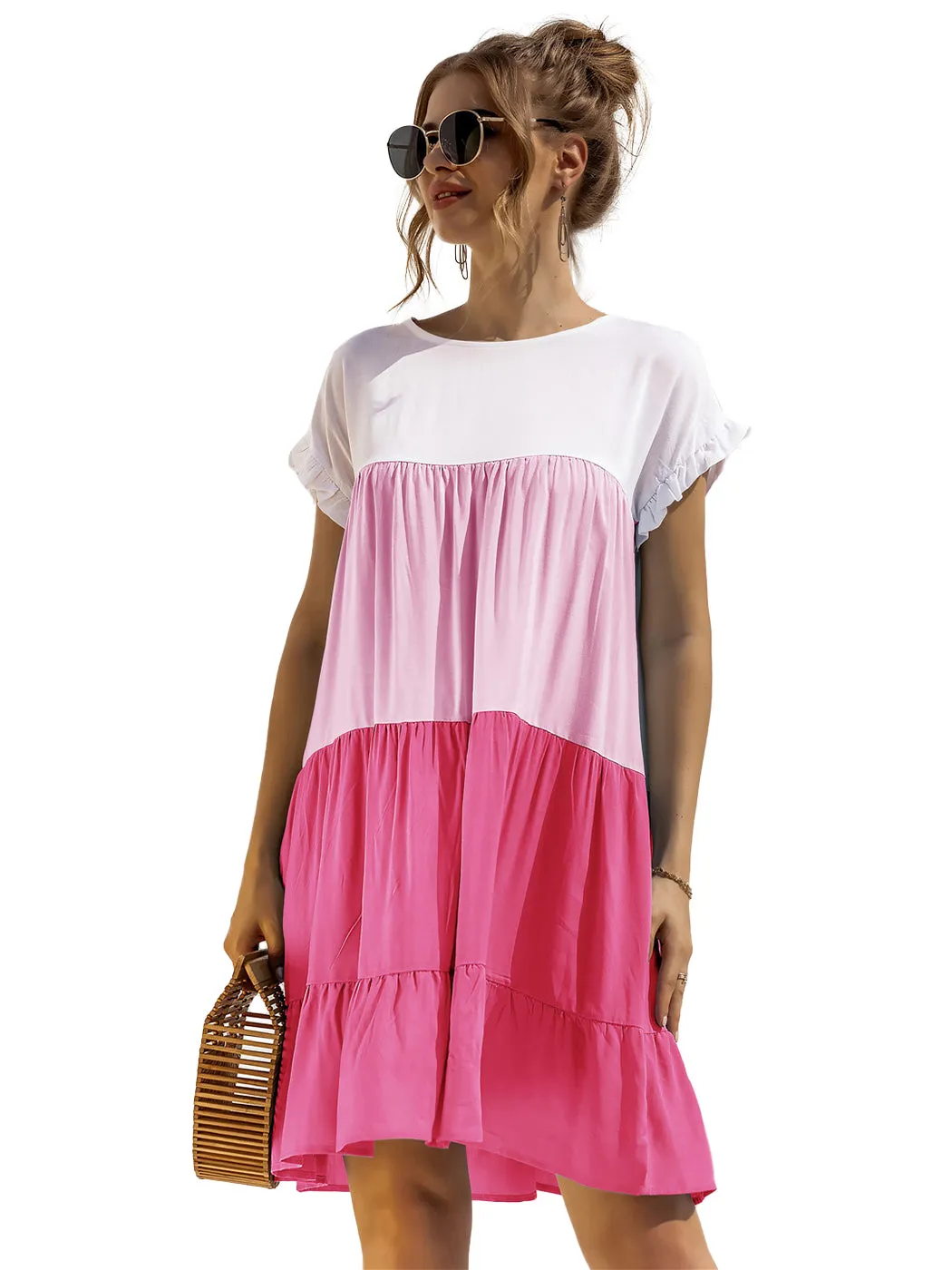 Anna-Kaci Women Mosaic Gradient Color Round Neck Ruffle Short Sleeve Mini Dresses