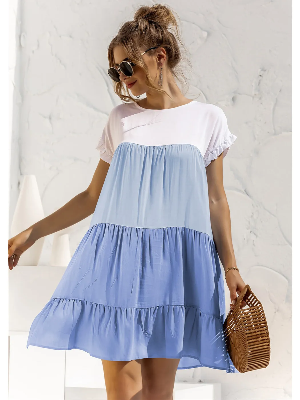 Anna-Kaci Women Mosaic Gradient Color Round Neck Ruffle Short Sleeve Mini Dresses