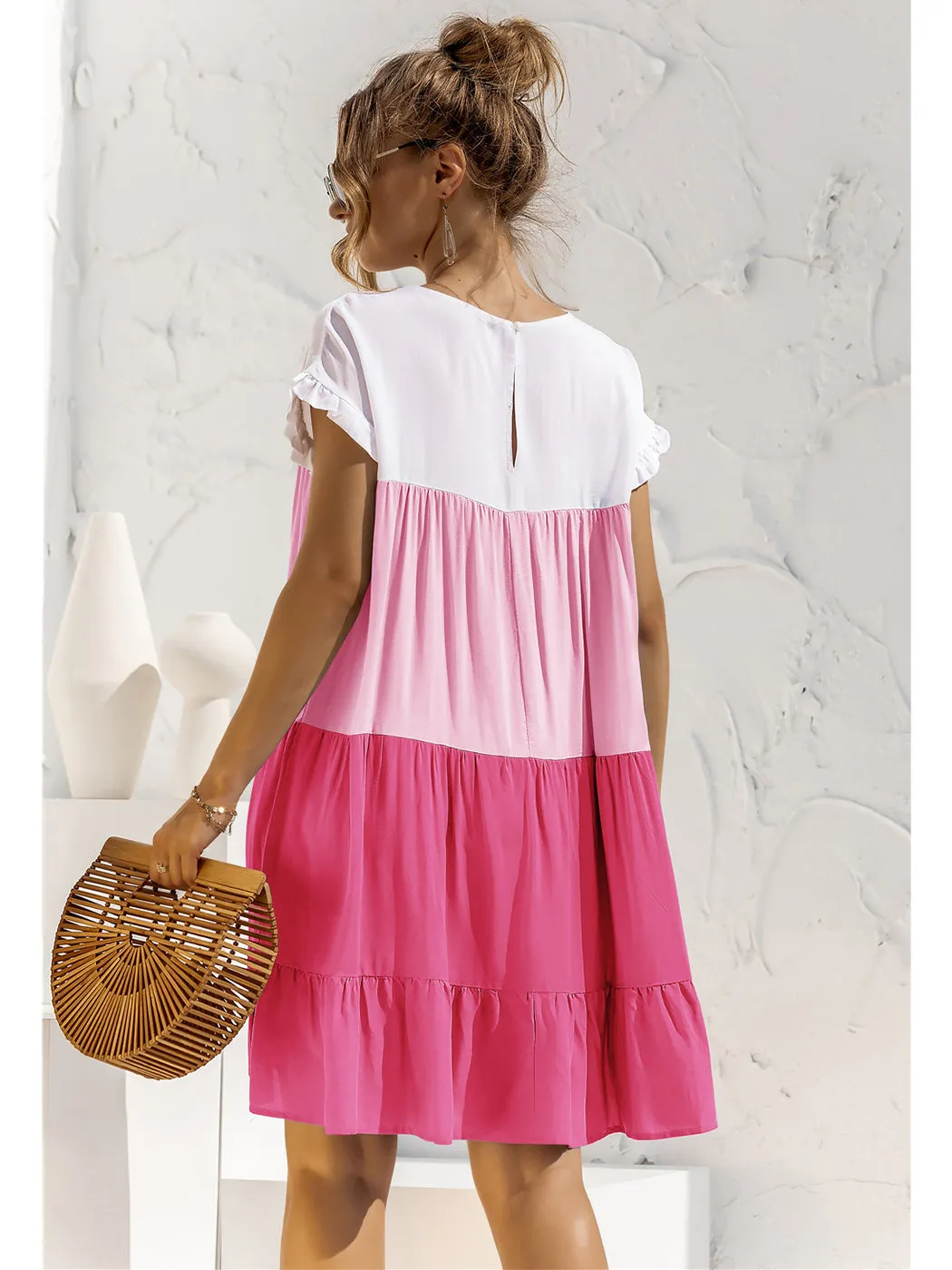 Anna-Kaci Women Mosaic Gradient Color Round Neck Ruffle Short Sleeve Mini Dresses