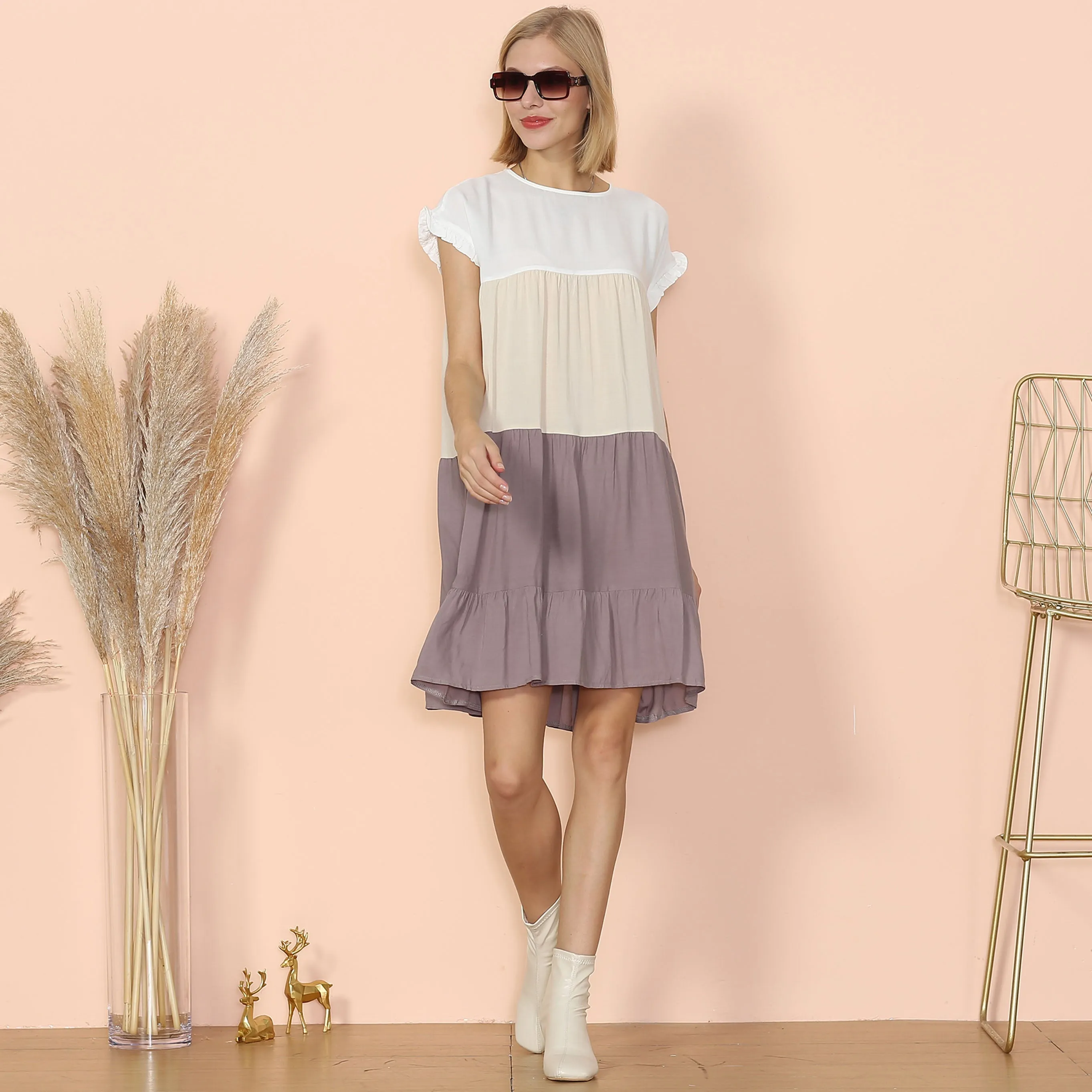 Anna-Kaci Women Mosaic Gradient Color Round Neck Ruffle Short Sleeve Mini Dresses