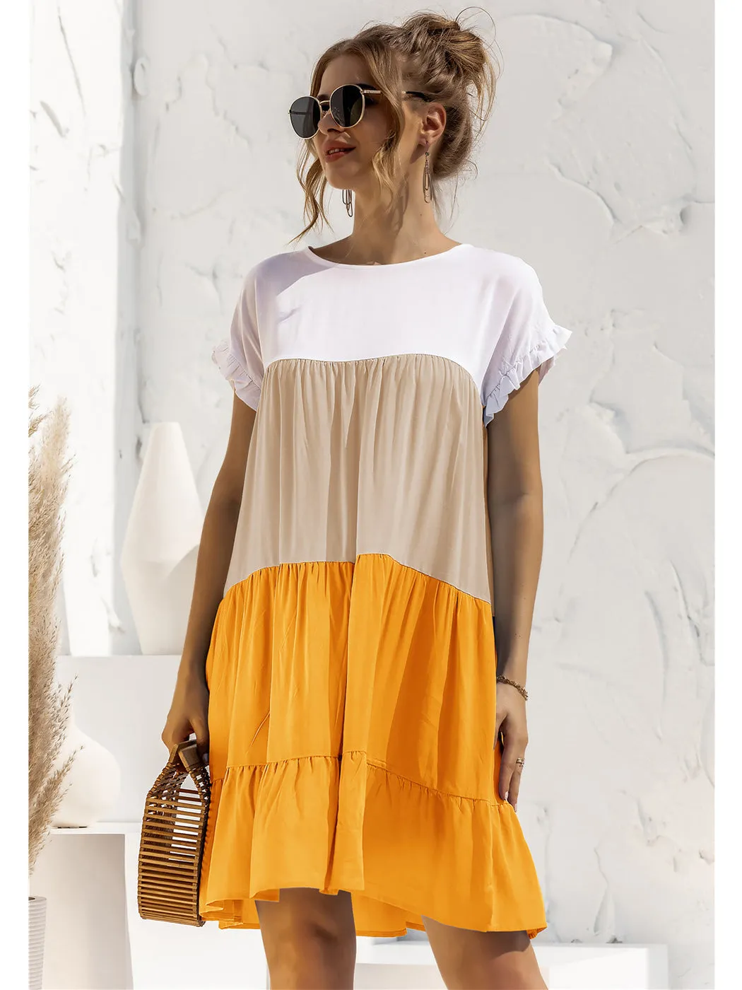 Anna-Kaci Women Mosaic Gradient Color Round Neck Ruffle Short Sleeve Mini Dresses