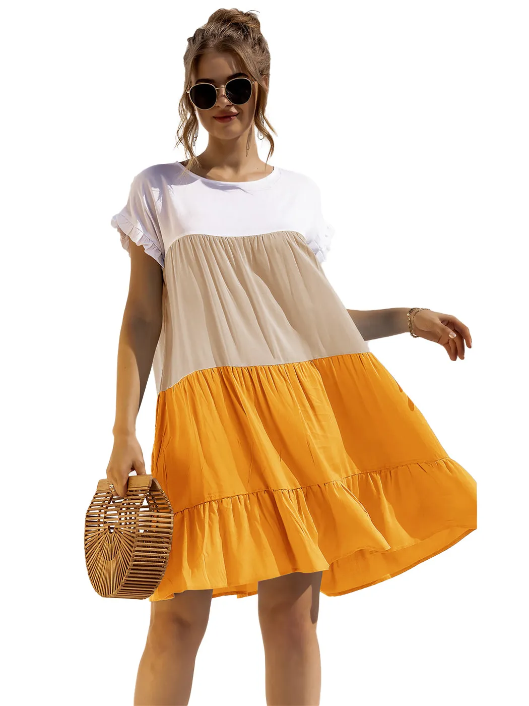 Anna-Kaci Women Mosaic Gradient Color Round Neck Ruffle Short Sleeve Mini Dresses