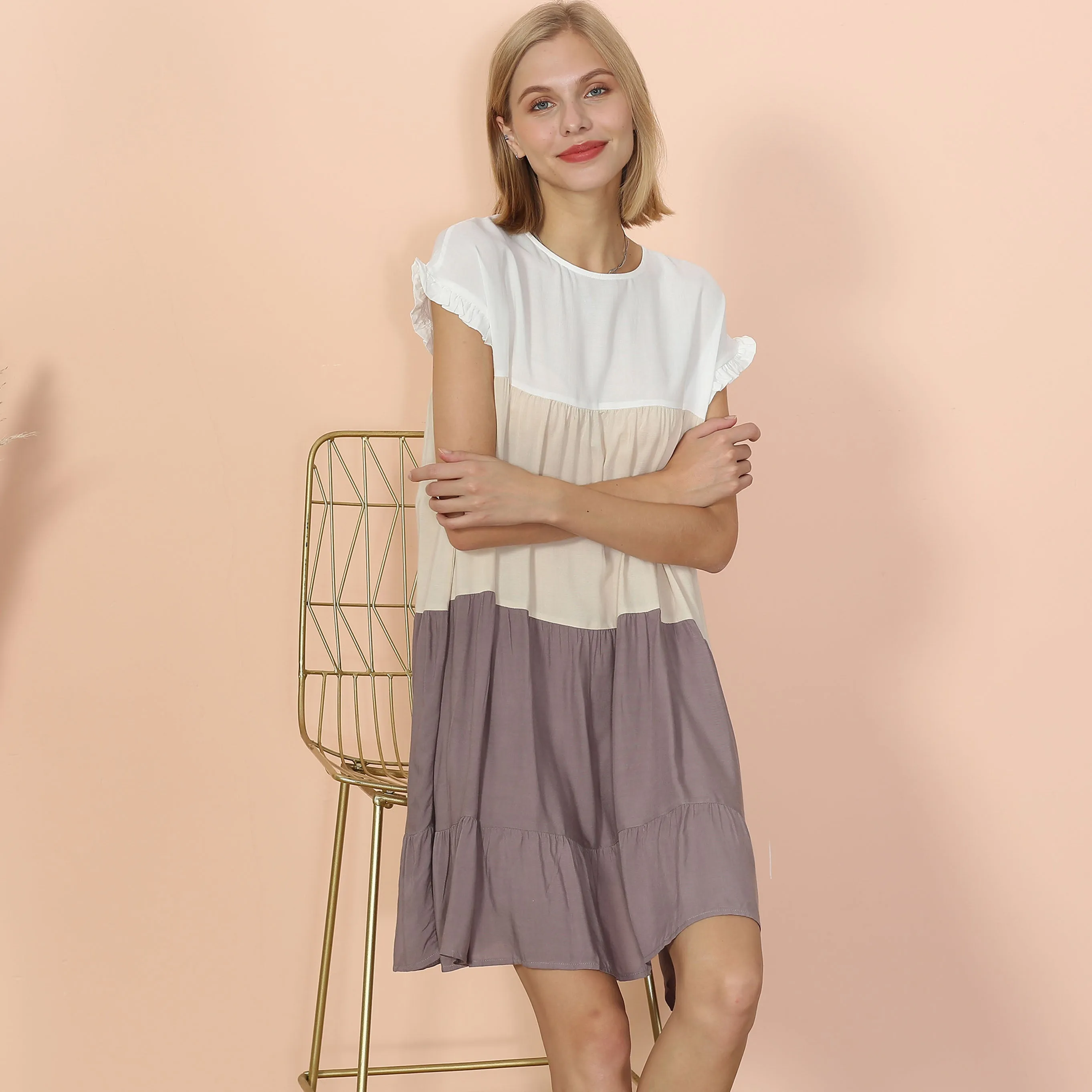 Anna-Kaci Women Mosaic Gradient Color Round Neck Ruffle Short Sleeve Mini Dresses