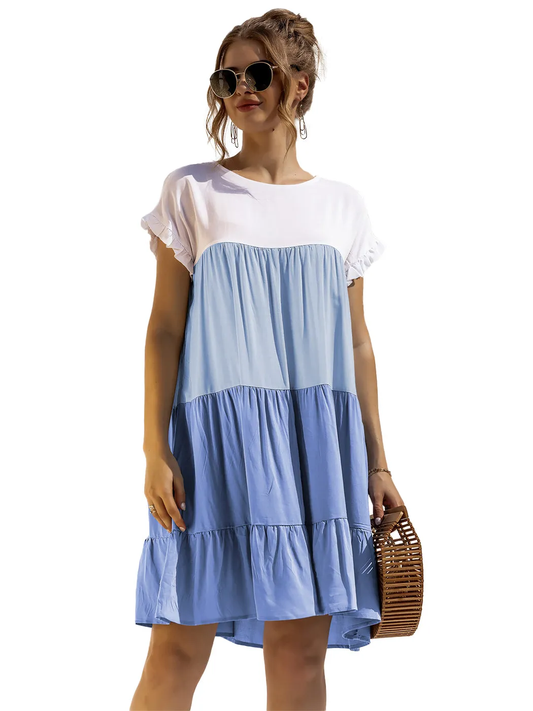 Anna-Kaci Women Mosaic Gradient Color Round Neck Ruffle Short Sleeve Mini Dresses