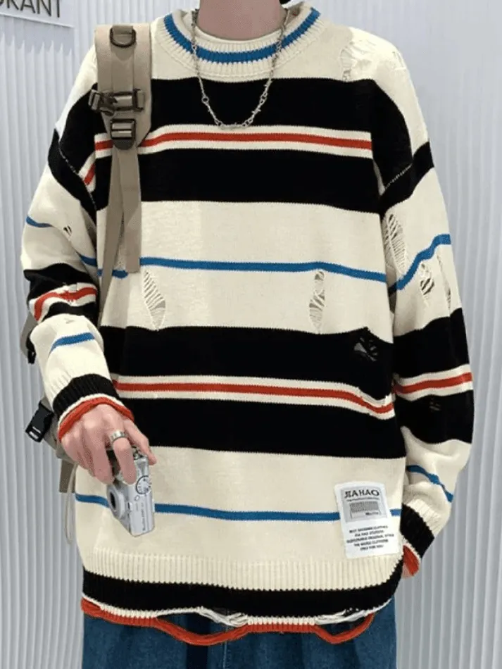 Chicmy-Men's Color Block Striped Distressed Sweater