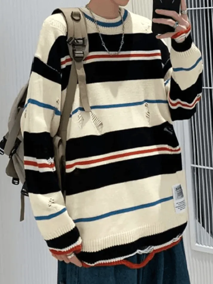 Chicmy-Men's Color Block Striped Distressed Sweater