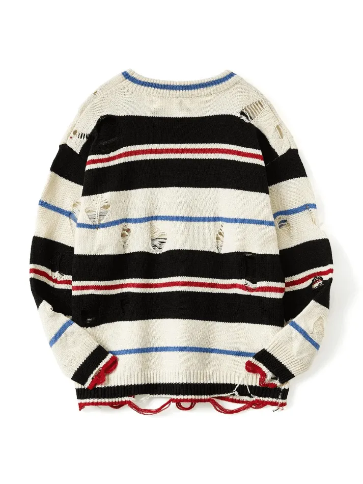 Chicmy-Men's Color Block Striped Distressed Sweater