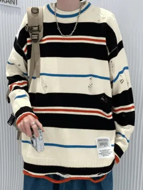 Chicmy-Men's Color Block Striped Distressed Sweater