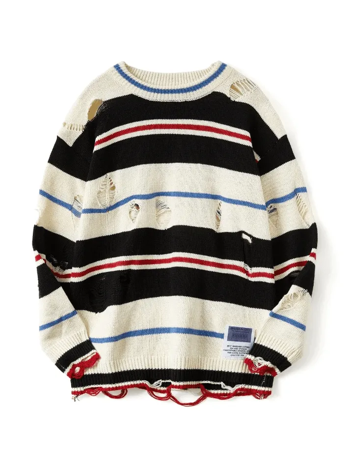 Chicmy-Men's Color Block Striped Distressed Sweater