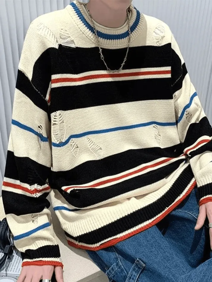 Chicmy-Men's Color Block Striped Distressed Sweater
