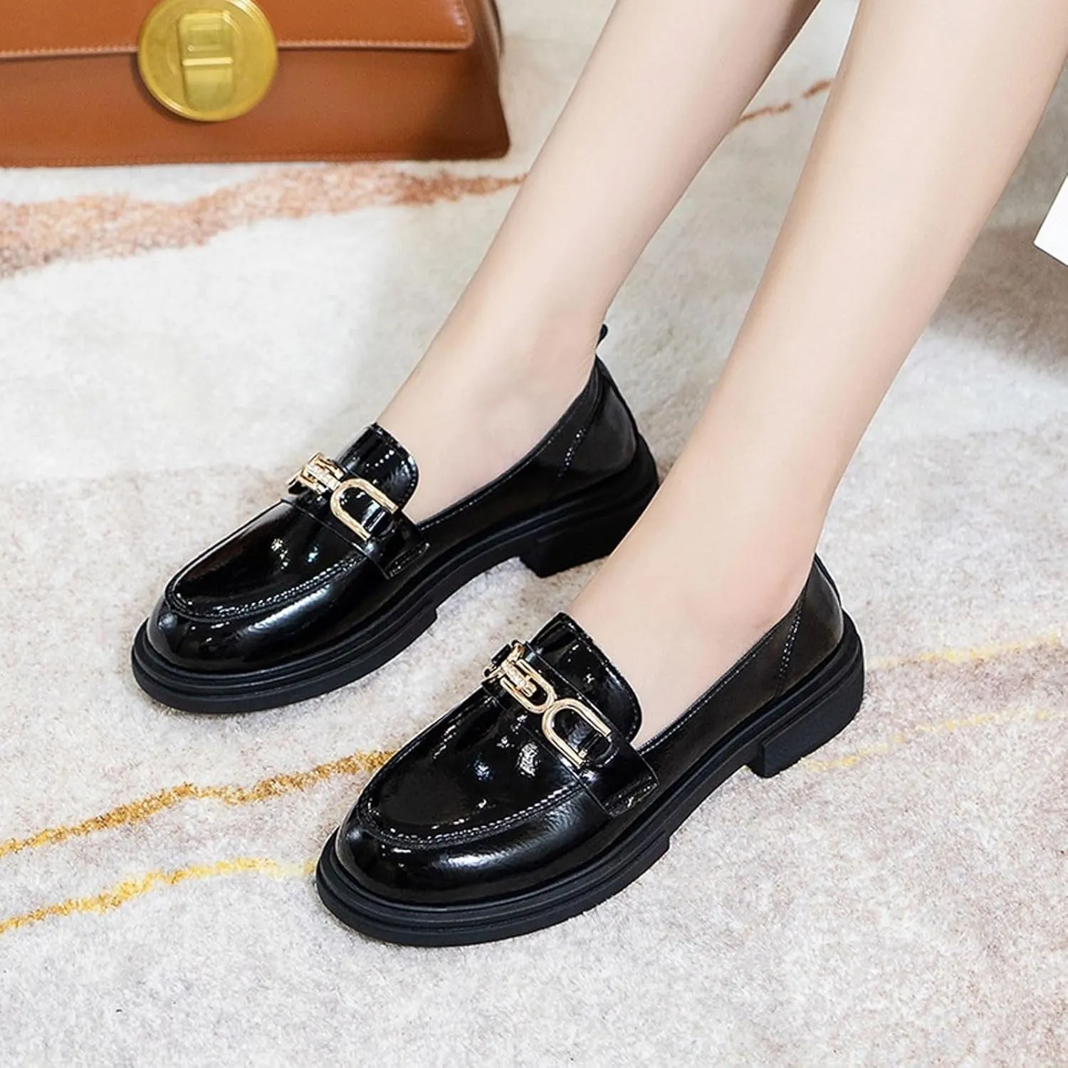 Loafers for Women Women's Black Leather Casual Shoes Thick Soled Autumn Footwear for Comfort and Style