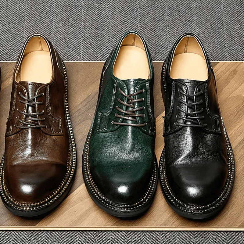 Male Retro Elegant Leather Shoes / Soft Lace-up Round Toe Oxfords / Casual Men's Footwear