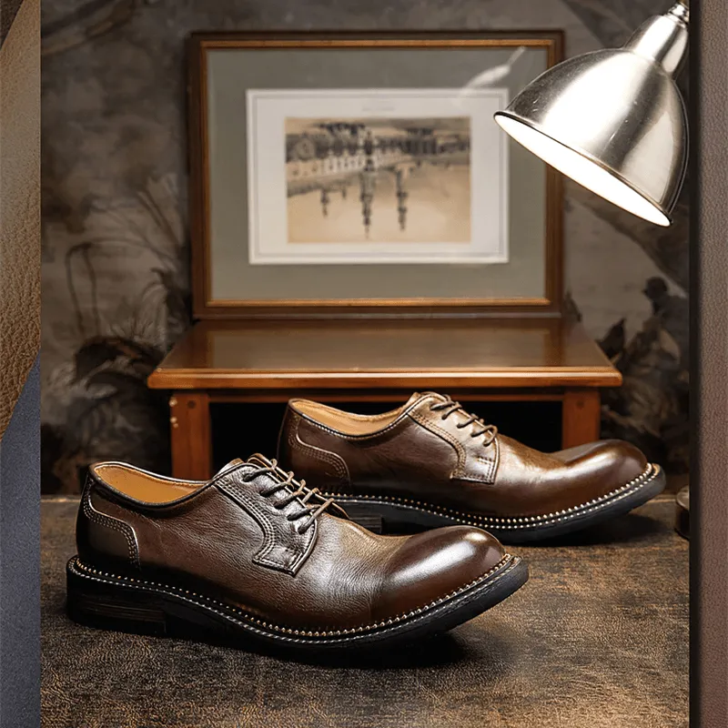 Male Retro Elegant Leather Shoes / Soft Lace-up Round Toe Oxfords / Casual Men's Footwear