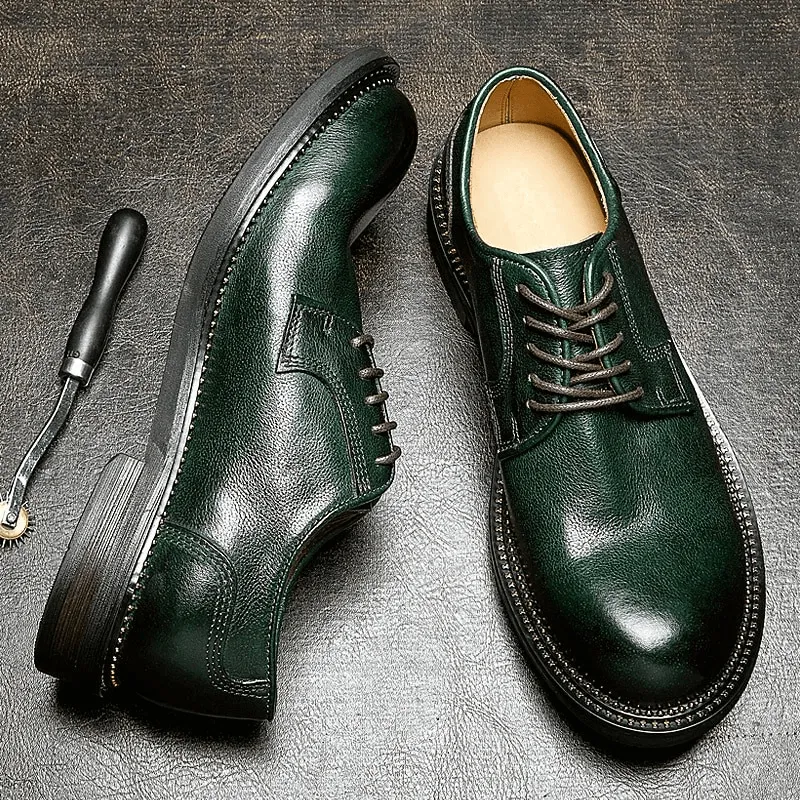 Male Retro Elegant Leather Shoes / Soft Lace-up Round Toe Oxfords / Casual Men's Footwear