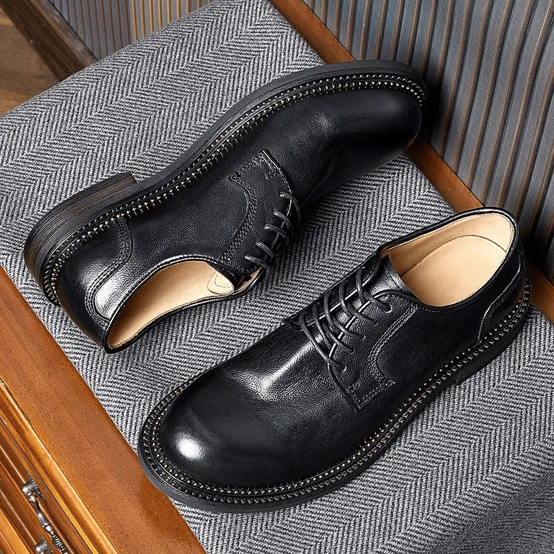 Male Retro Elegant Leather Shoes / Soft Lace-up Round Toe Oxfords / Casual Men's Footwear