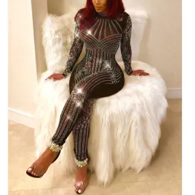 MB FASHION Sheer Embellished Long-Sleeve High-Neck Party Jumpsuit 3500T