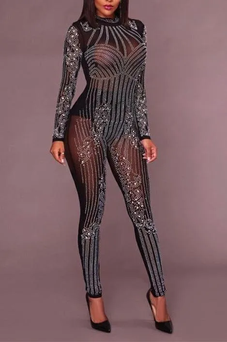 MB FASHION Sheer Embellished Long-Sleeve High-Neck Party Jumpsuit 3500T