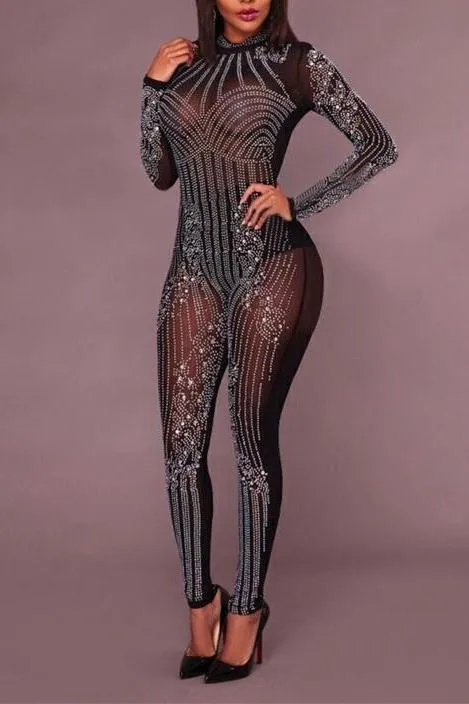 MB FASHION Sheer Embellished Long-Sleeve High-Neck Party Jumpsuit 3500T