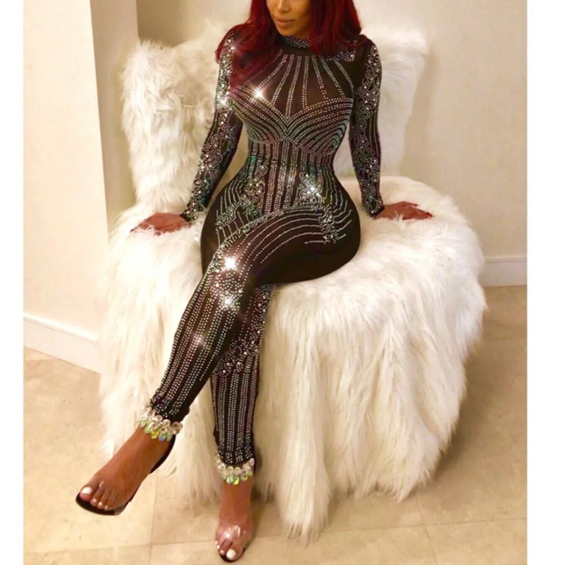 MB FASHION Sheer Embellished Long-Sleeve High-Neck Party Jumpsuit 3500T