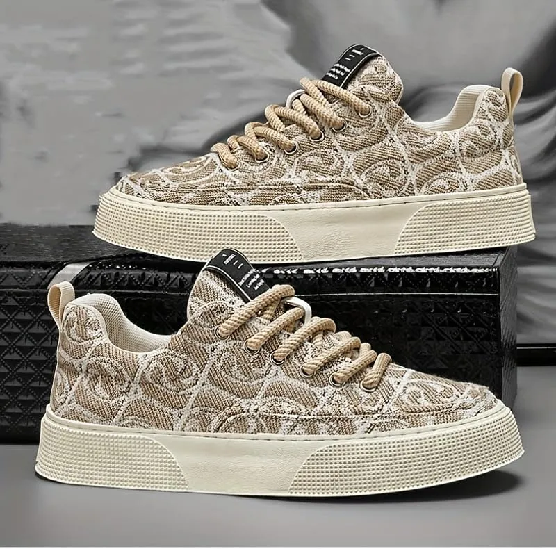 Men's Low-Top Canvas Sneakers - Stylish & Comfortable, Thick Rubber Sole Casual Shoes with Lace-Up Closure for Casual Attire, Hiking & Running - Beige and Black Pattern