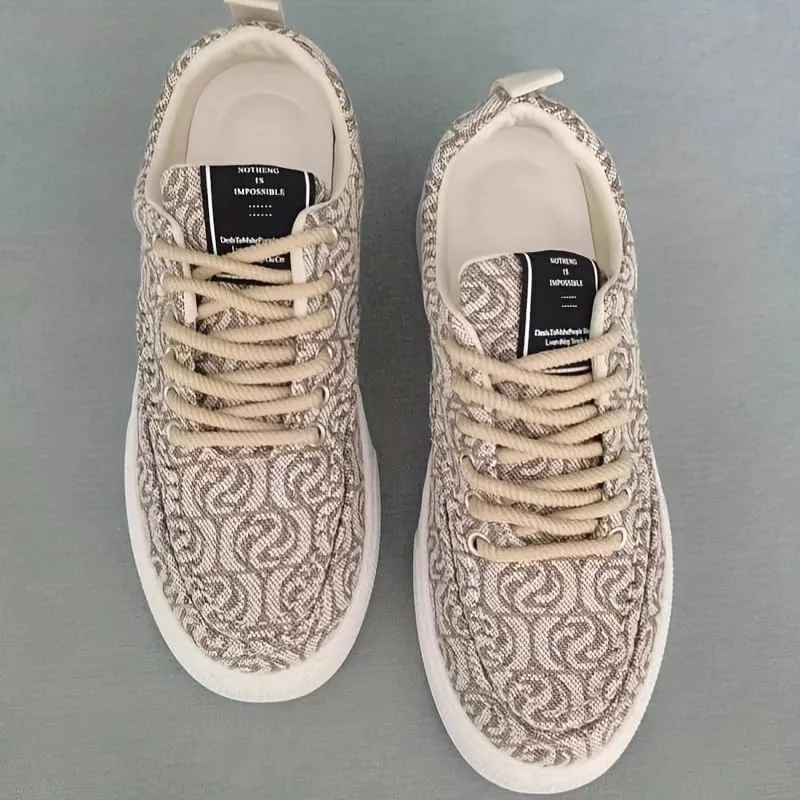 Men's Low-Top Canvas Sneakers - Stylish & Comfortable, Thick Rubber Sole Casual Shoes with Lace-Up Closure for Casual Attire, Hiking & Running - Beige and Black Pattern