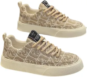 Men's Low-Top Canvas Sneakers - Stylish & Comfortable, Thick Rubber Sole Casual Shoes with Lace-Up Closure for Casual Attire, Hiking & Running - Beige and Black Pattern