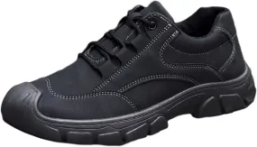 Men's Suede Lace up Non Slip Platform Hiking Shoes Low Top Comfortable Lightweight Waterproof Lug Sole Outdoor Sneakers for Camping Trekking Adventure Work Shoes