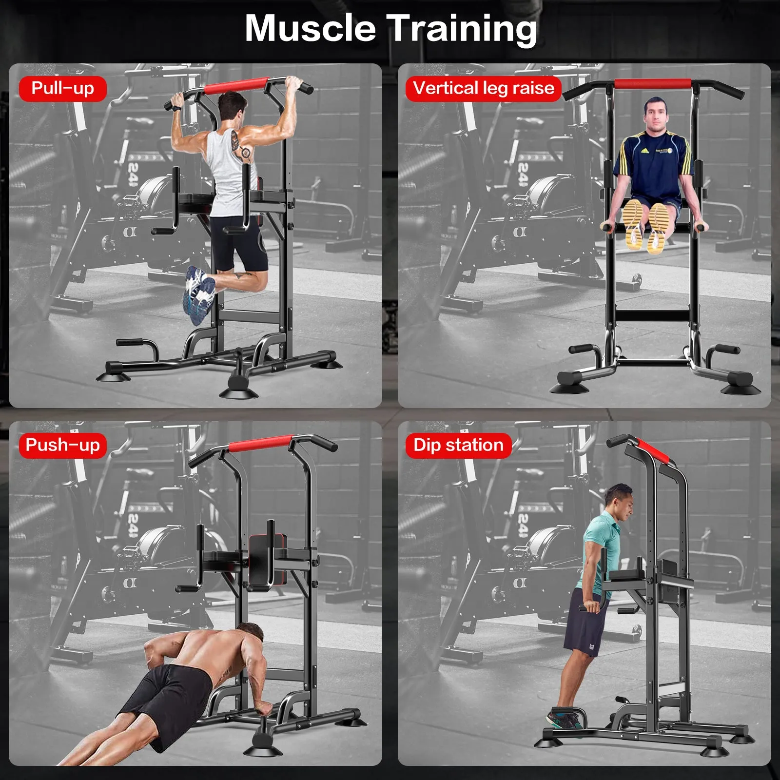 Power Tower Pull Up Bar Station Dip Stands with 6 Height Levels 59”-90” for Home Gym Workout Station Strength Training Equipment