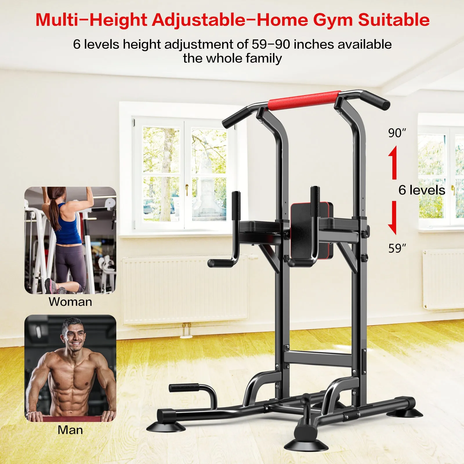 Power Tower Pull Up Bar Station Dip Stands with 6 Height Levels 59”-90” for Home Gym Workout Station Strength Training Equipment