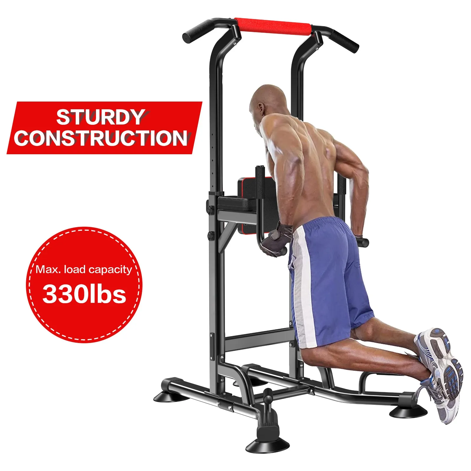 Power Tower Pull Up Bar Station Dip Stands with 6 Height Levels 59”-90” for Home Gym Workout Station Strength Training Equipment