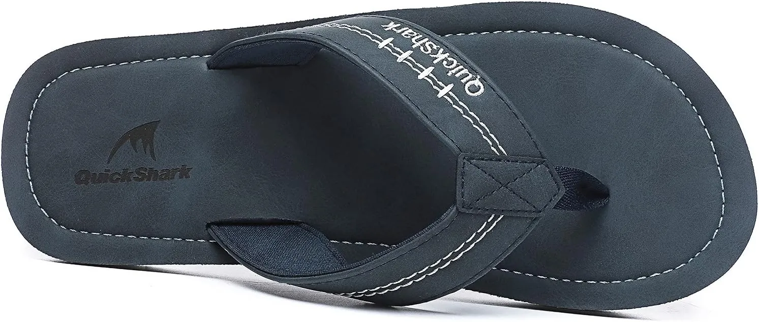 Quickshark Mens Flip Flops Leather Thong Sandals Arch Support Beach Slippers