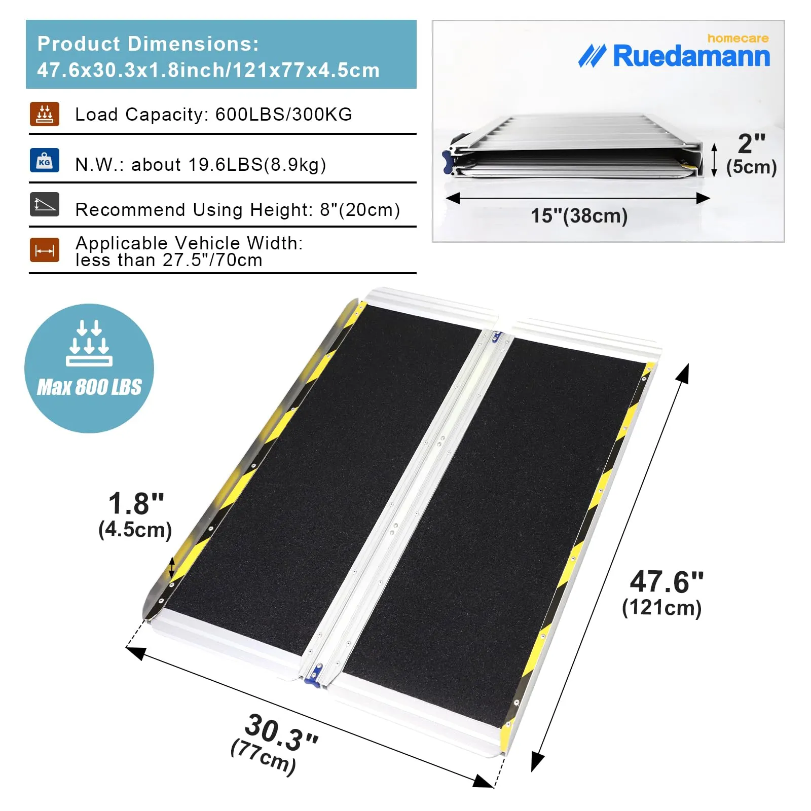 Ruedamann® 30.3"W Non-Skid Threshold Ramp Folding Aluminum Wheelchair Ramp