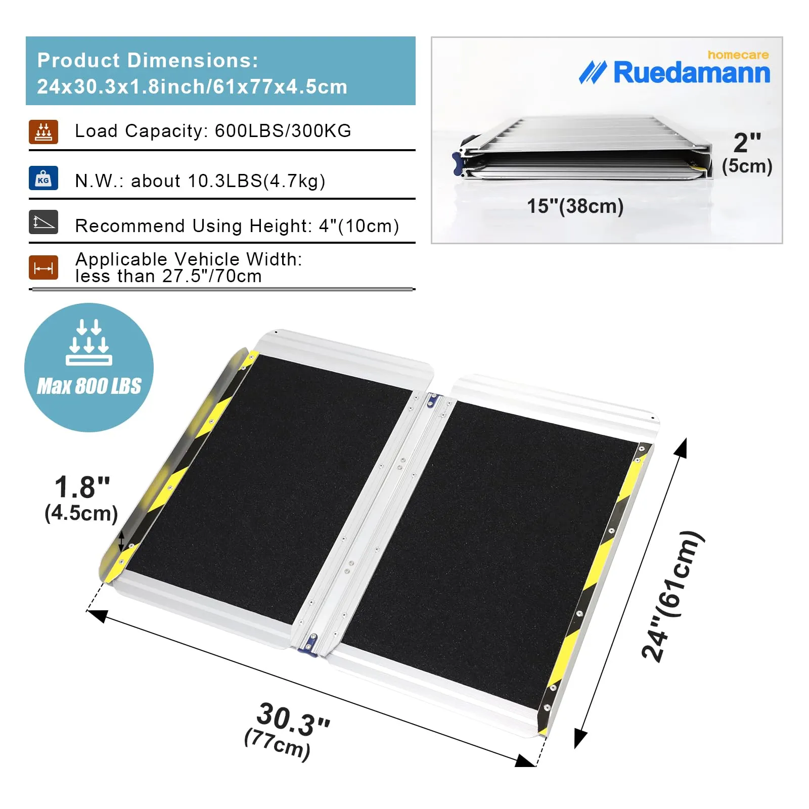 Ruedamann® 30.3"W Non-Skid Threshold Ramp Folding Aluminum Wheelchair Ramp