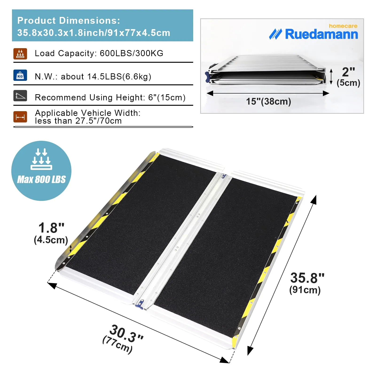 Ruedamann® 30.3"W Non-Skid Threshold Ramp Folding Aluminum Wheelchair Ramp