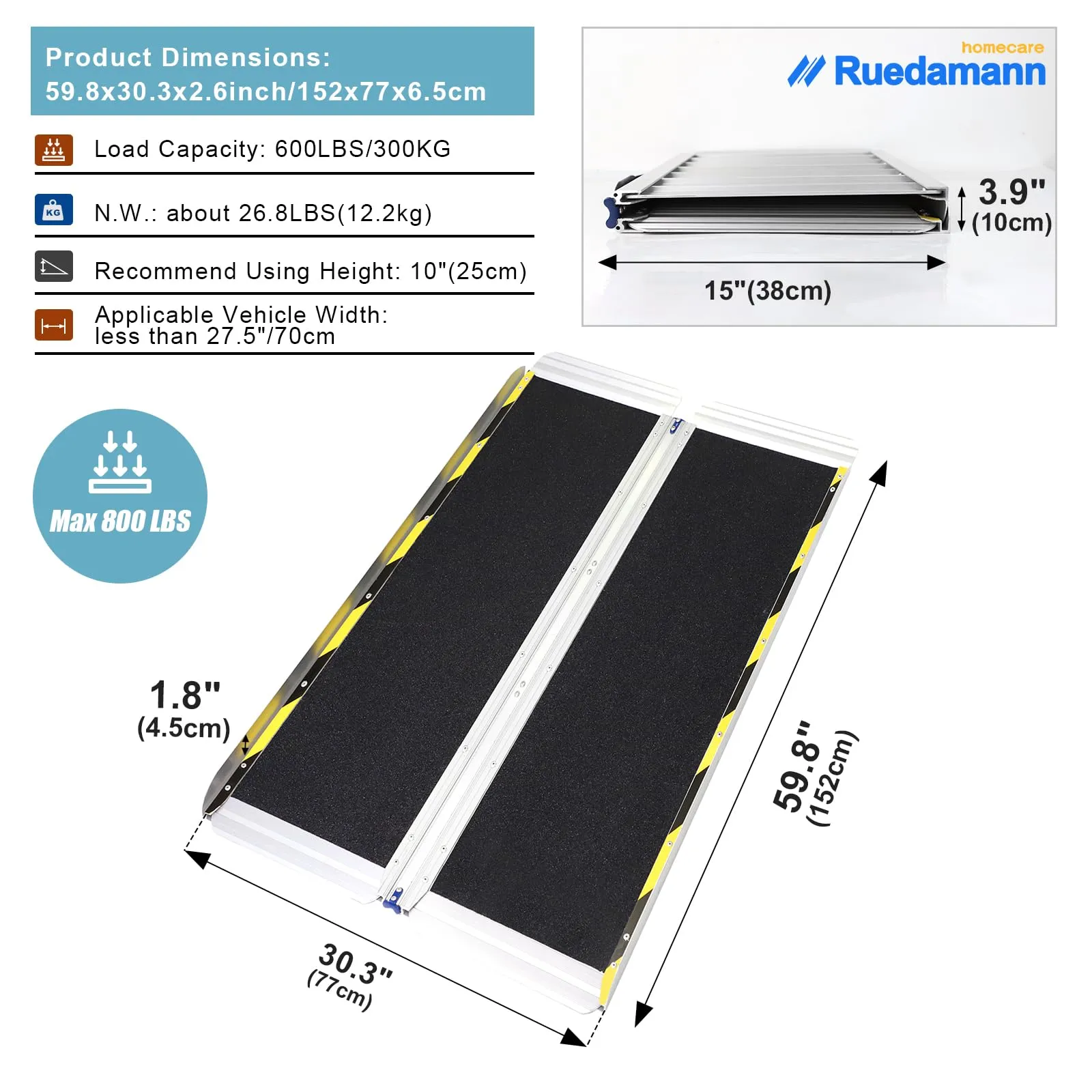 Ruedamann® 30.3"W Non-Skid Threshold Ramp Folding Aluminum Wheelchair Ramp