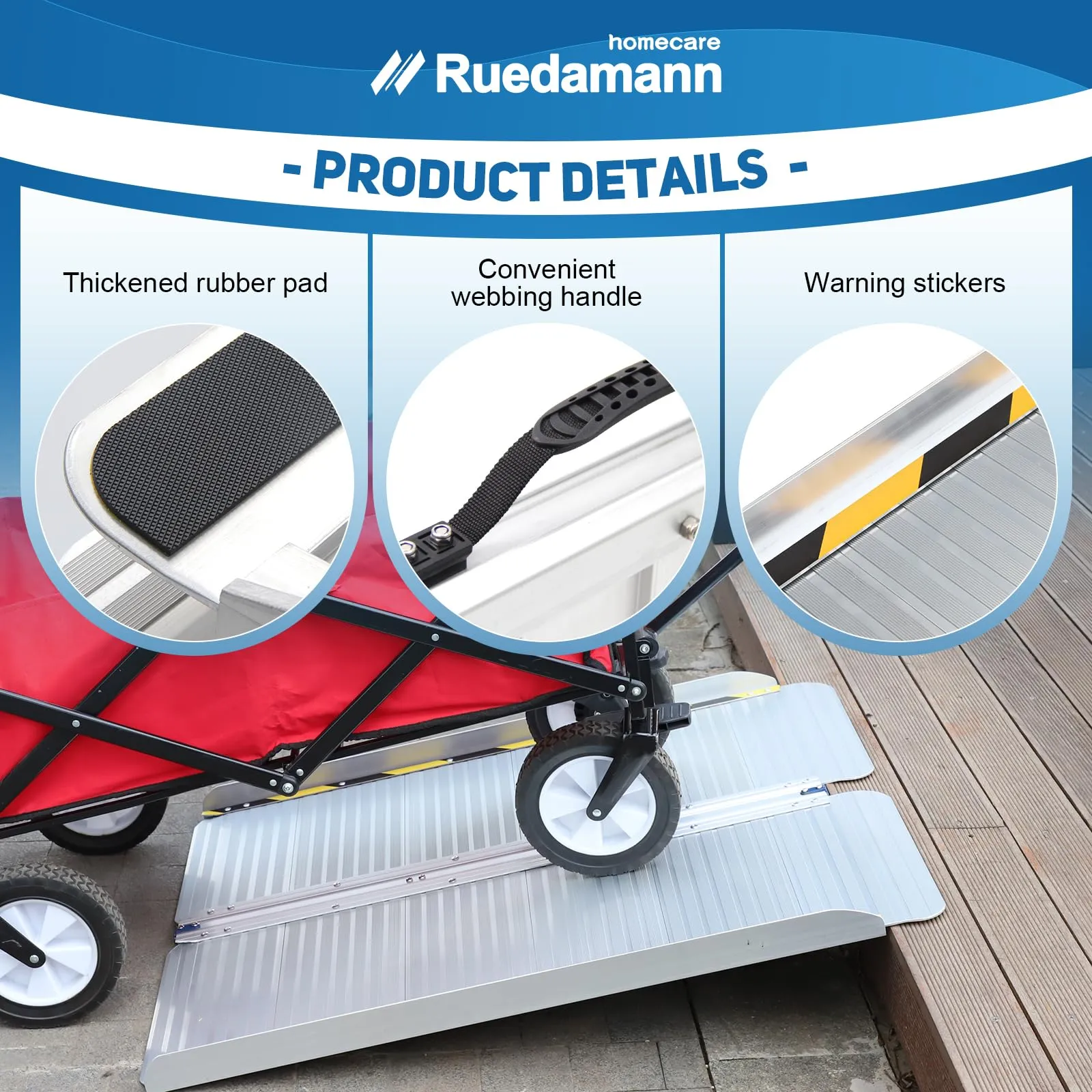 Ruedamann® Folding Aluminum Threshold Ramp Webbing Handle Mute Pad