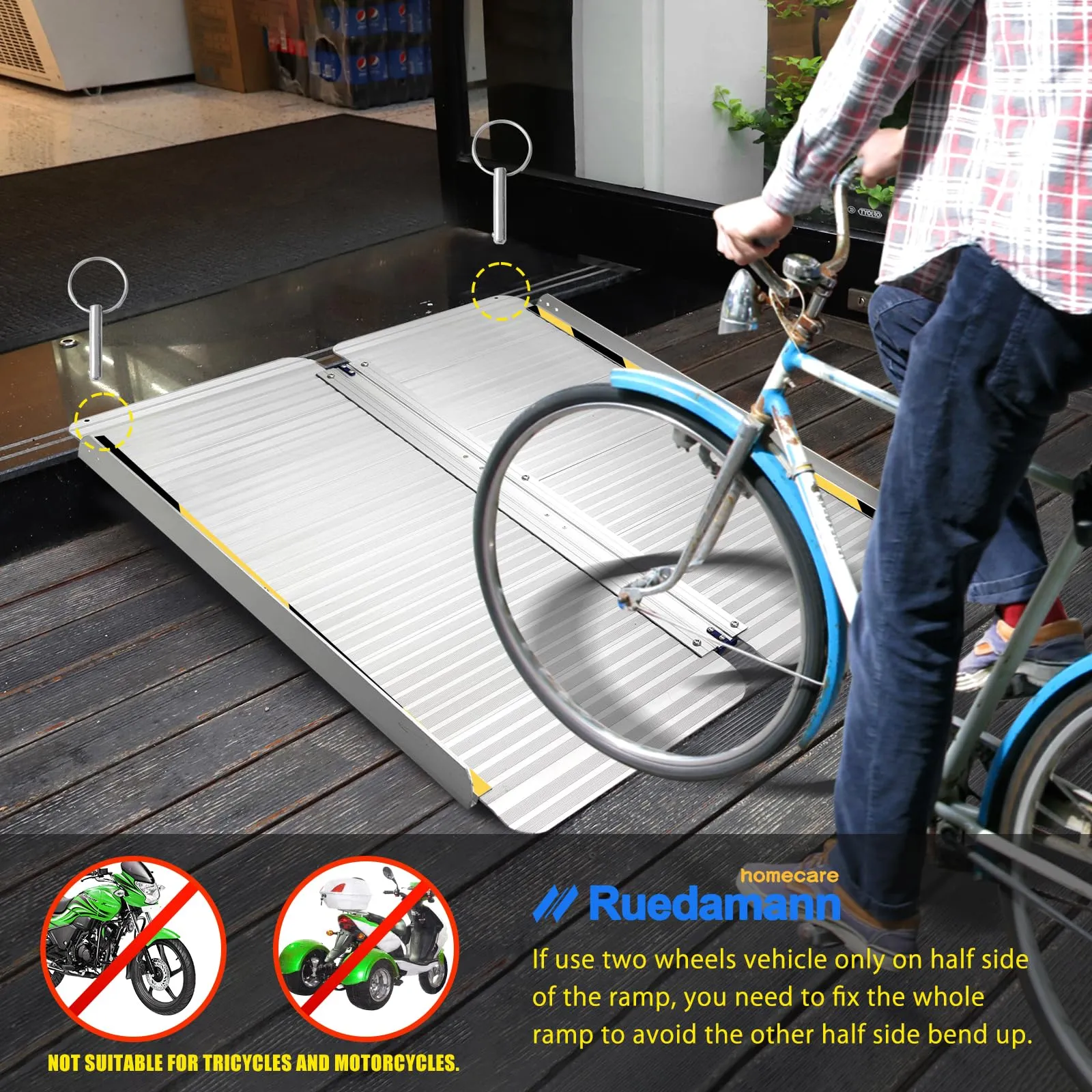 Ruedamann® Folding Aluminum Threshold Ramp Webbing Handle Mute Pad