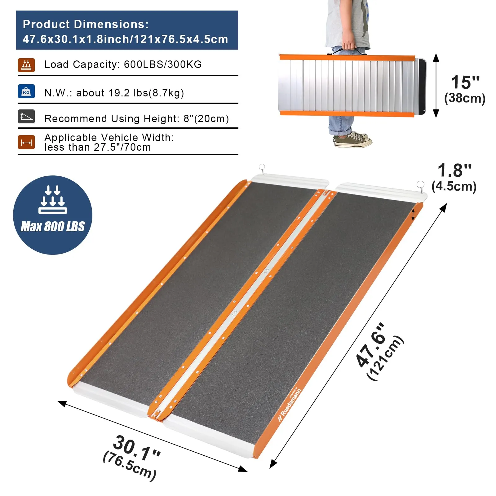Ruedamann® Folding Wheelchair Ramp with Non-Skid Surface Aluminum