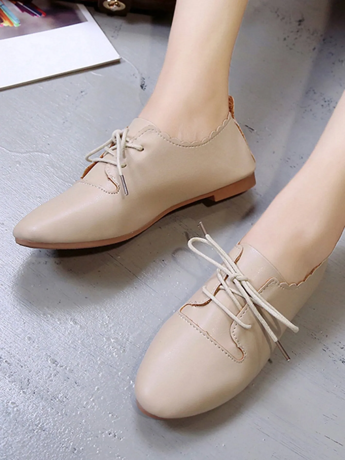 Scalloped Trim Lace Up Flats