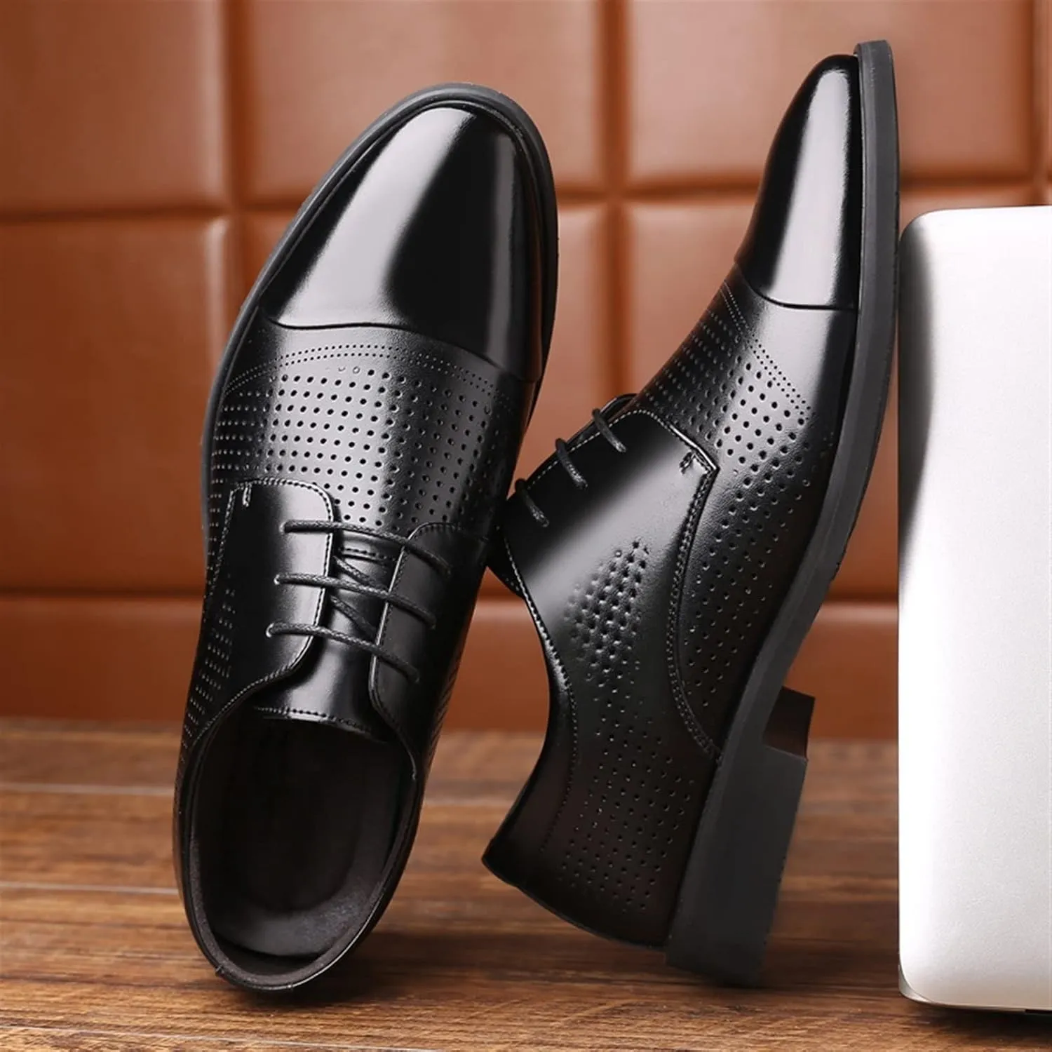 Single Season Shoes Dress Oxford for Men Lace Up Breathable Round Toe Derby Shoes Faux Leather Block Heel Slip Resistant Low Top Rubber Sole Non Slip Prom Very Popular Among Young People