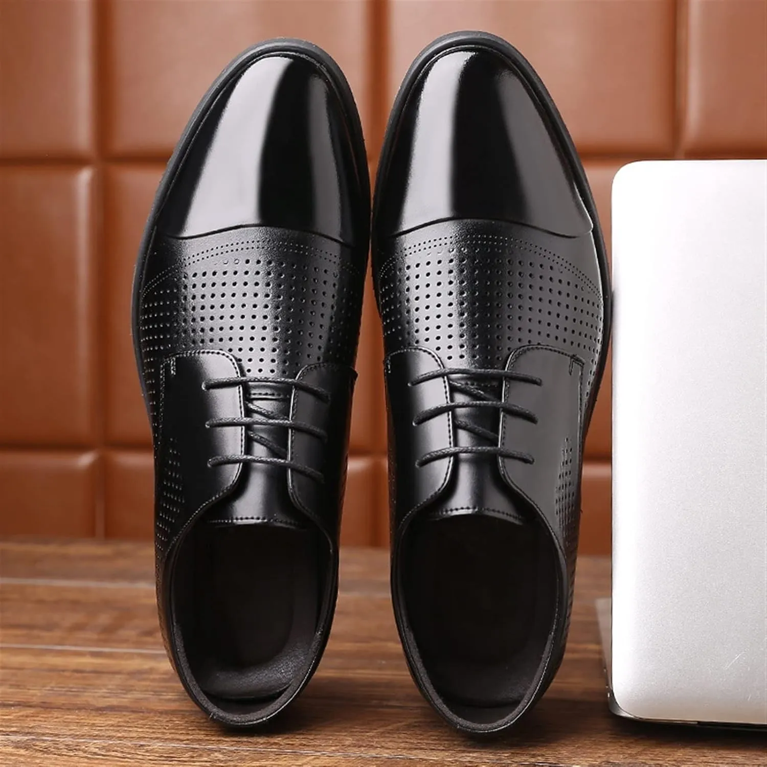 Single Season Shoes Dress Oxford for Men Lace Up Breathable Round Toe Derby Shoes Faux Leather Block Heel Slip Resistant Low Top Rubber Sole Non Slip Prom Very Popular Among Young People