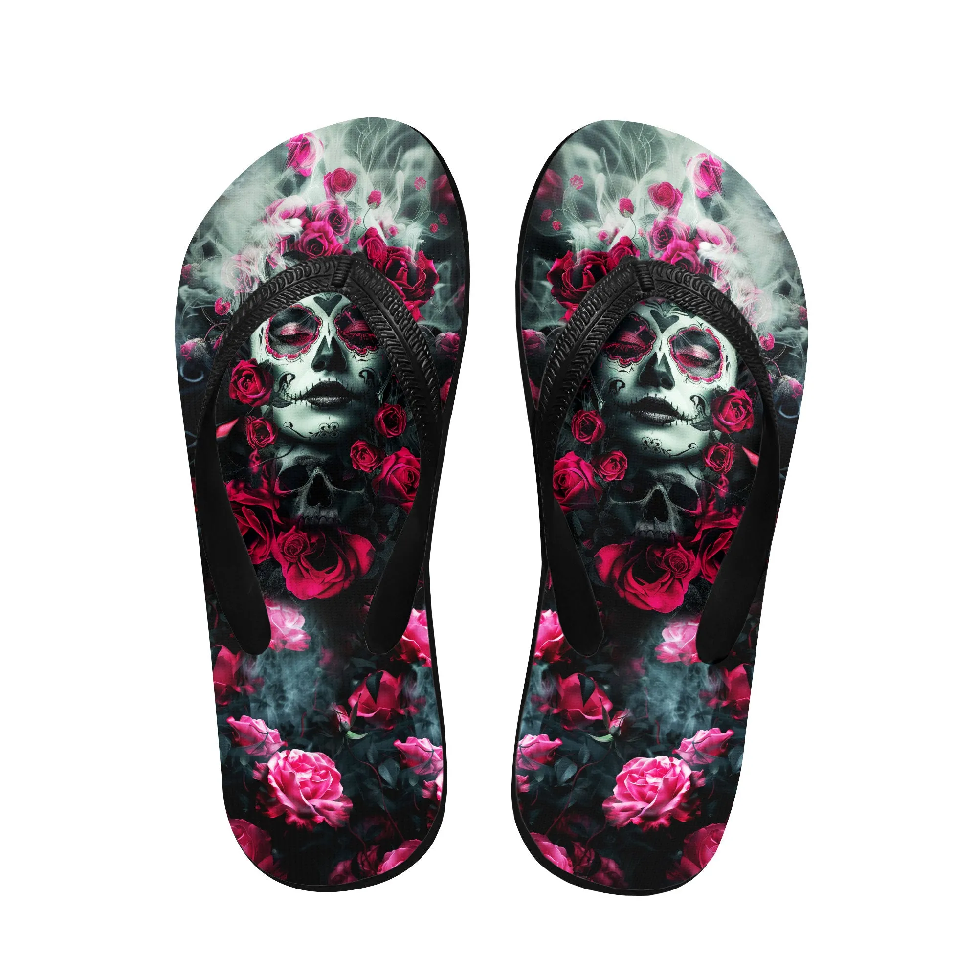 Skull Rose Gothic Flip Flops for Women Beach