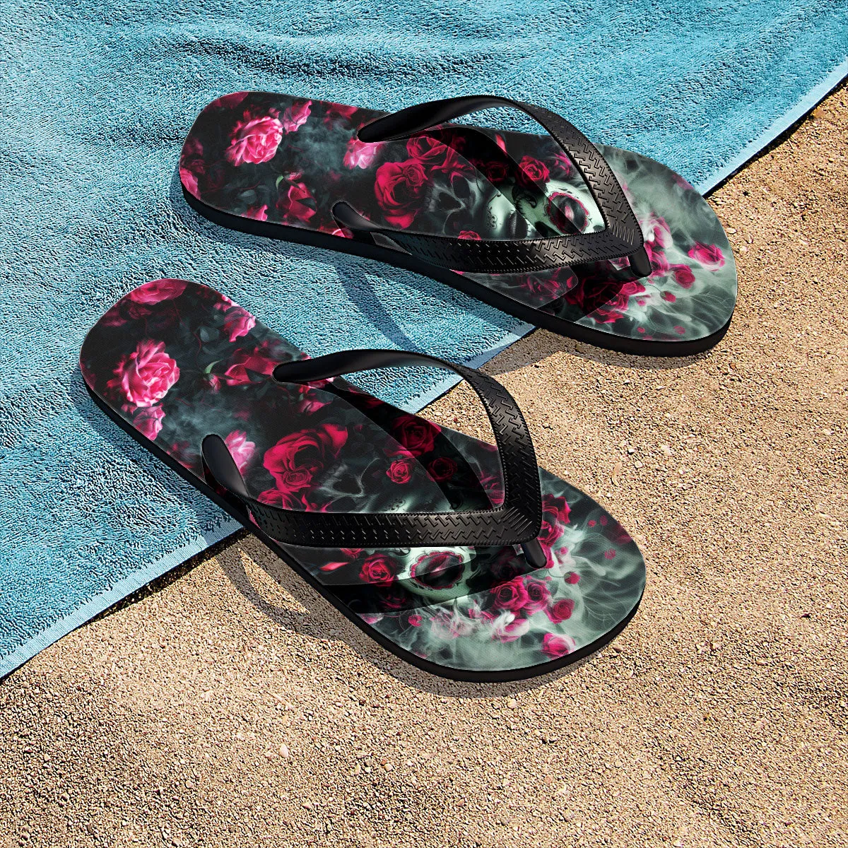 Skull Rose Gothic Flip Flops for Women Beach