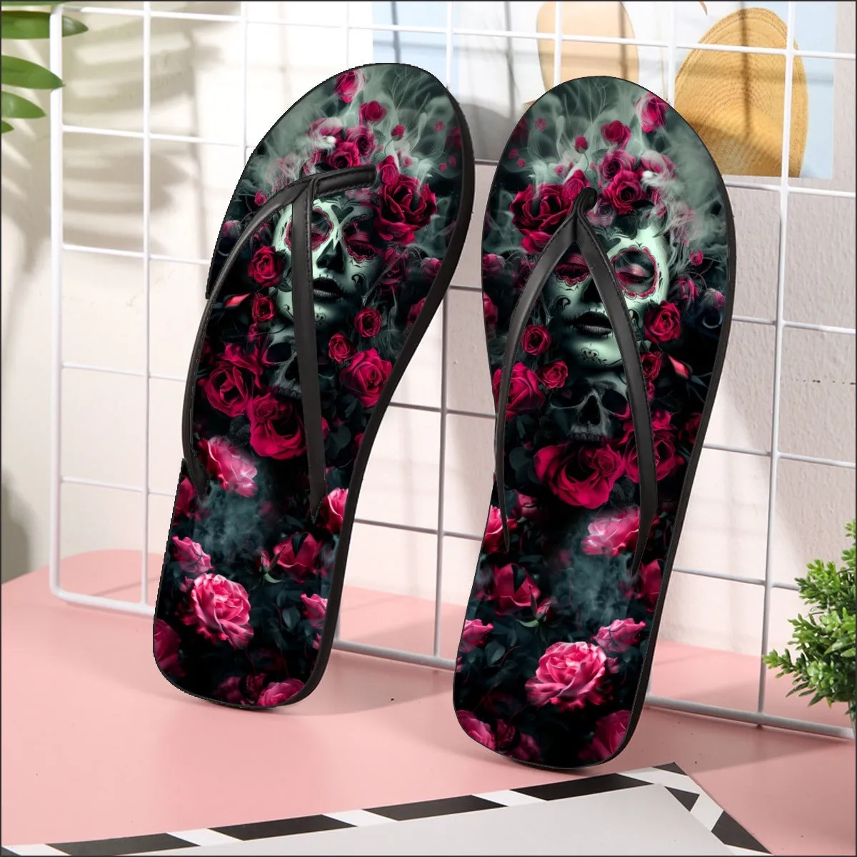Skull Rose Gothic Flip Flops for Women Beach