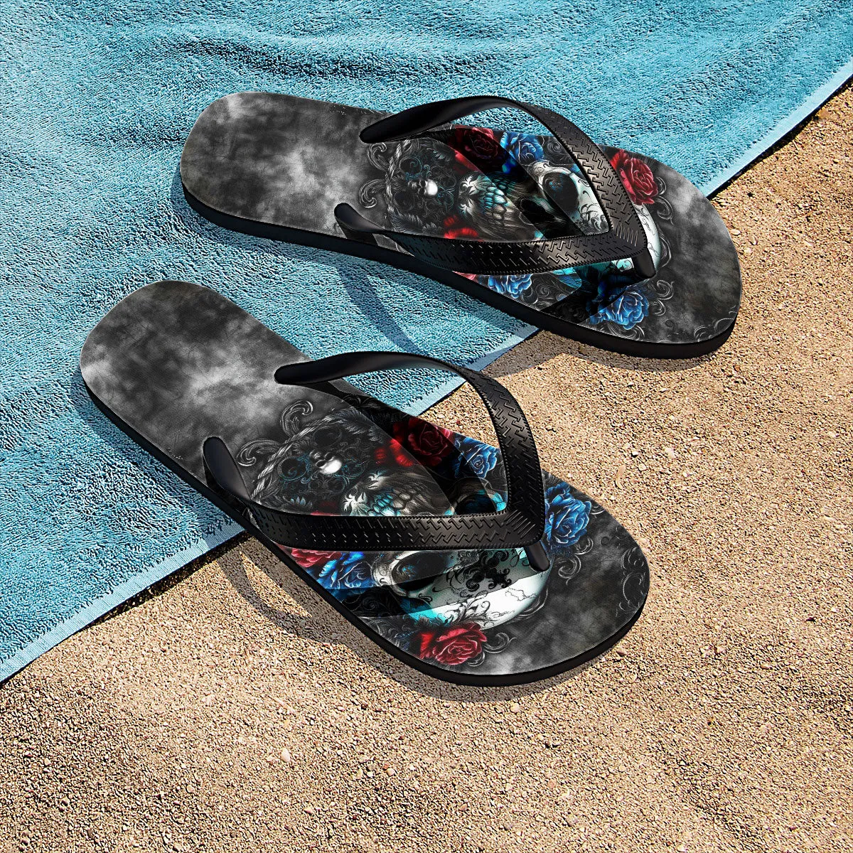 Skull Rose Ornament Gothic Flip Flops for Women Beach